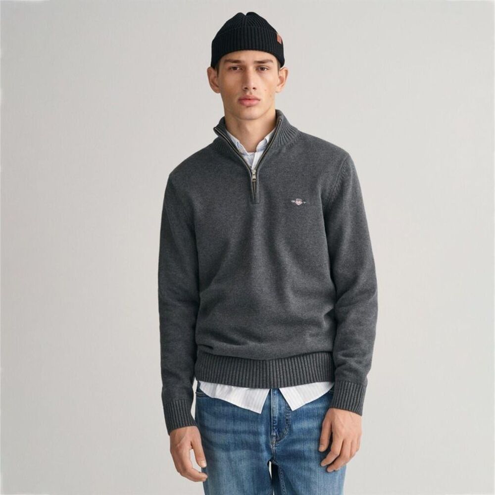 Gant Mens Micro Textured Half Zip Sweatshirt / Charcoal